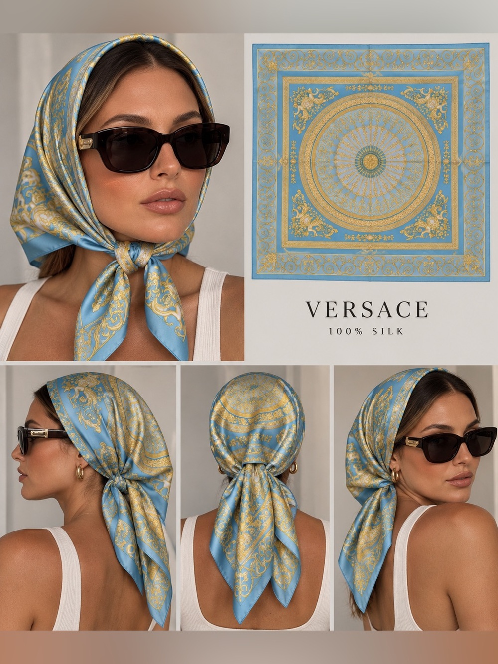 100% Silk VERSACE Light Blue and Gold Baroque Scarf/Bag Tie
